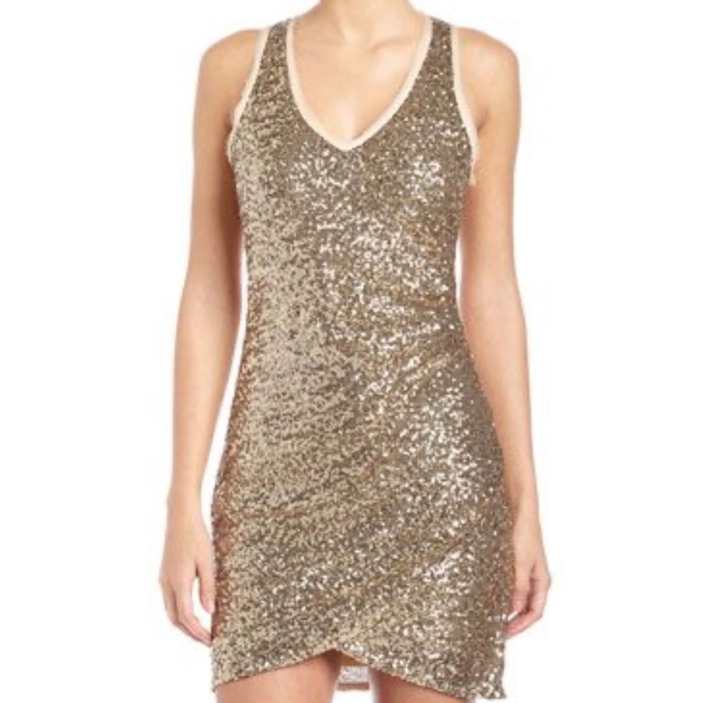 Ali Ro Gold Sequin Ruched V-Neck Dress Women’s M Party Cocktail Holiday Glam
